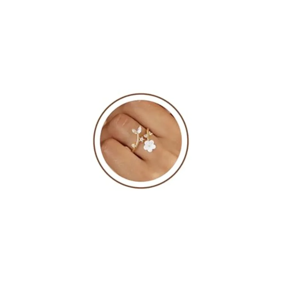 

ZOERAY Flower Rings for Women Non Tarnish Dainty Cubic Zirconia Mother of Pearl Adjustable Pinky Ring Stacking 14K Plated Thumb