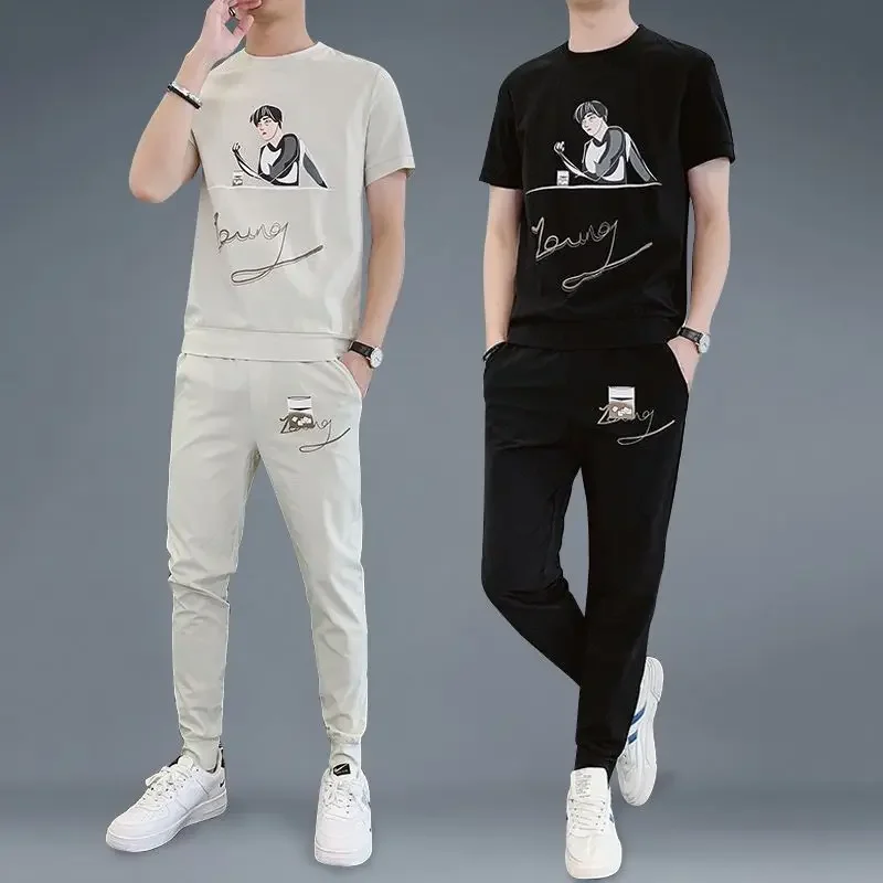 Sweatsuit ผู้ชายชุดกางเกงเสื้อ Tracksuit ใหม่ในการจับคู่เสื้อผ้าราคาถูก Kpop Casual Basic Baggy ชาย T เสื้อกางเกงชุด