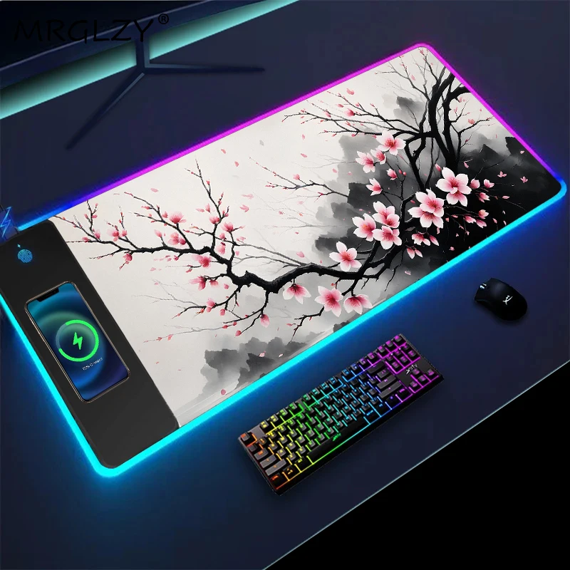 Mouse Mat Wireless Charging Peach Blossom Large Mouse Pad Gaming Pc Office Deskmat Desk Gadgets Mousepad Xxl Laptop Gamer