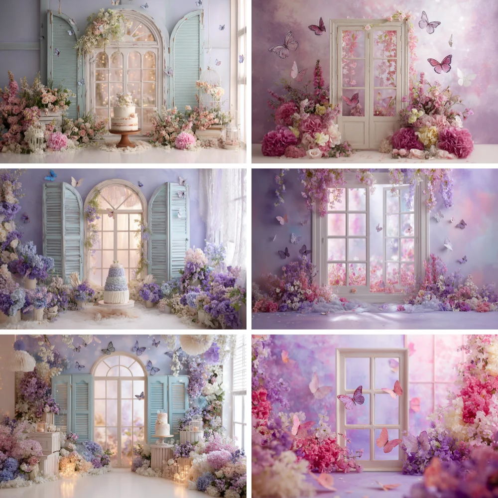 

Flower Arch Butterfly Backdrop Photography Spring Window Sunshine Girl Birthday Cake Party Decoration Background Photo Props