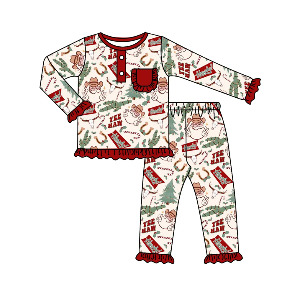 Christmas Series Toddler Girls Clothes Baby Boy Clothes Western Santa Pattern Long Sleeve Set Jumpsuit Wholesale Kids Clothes