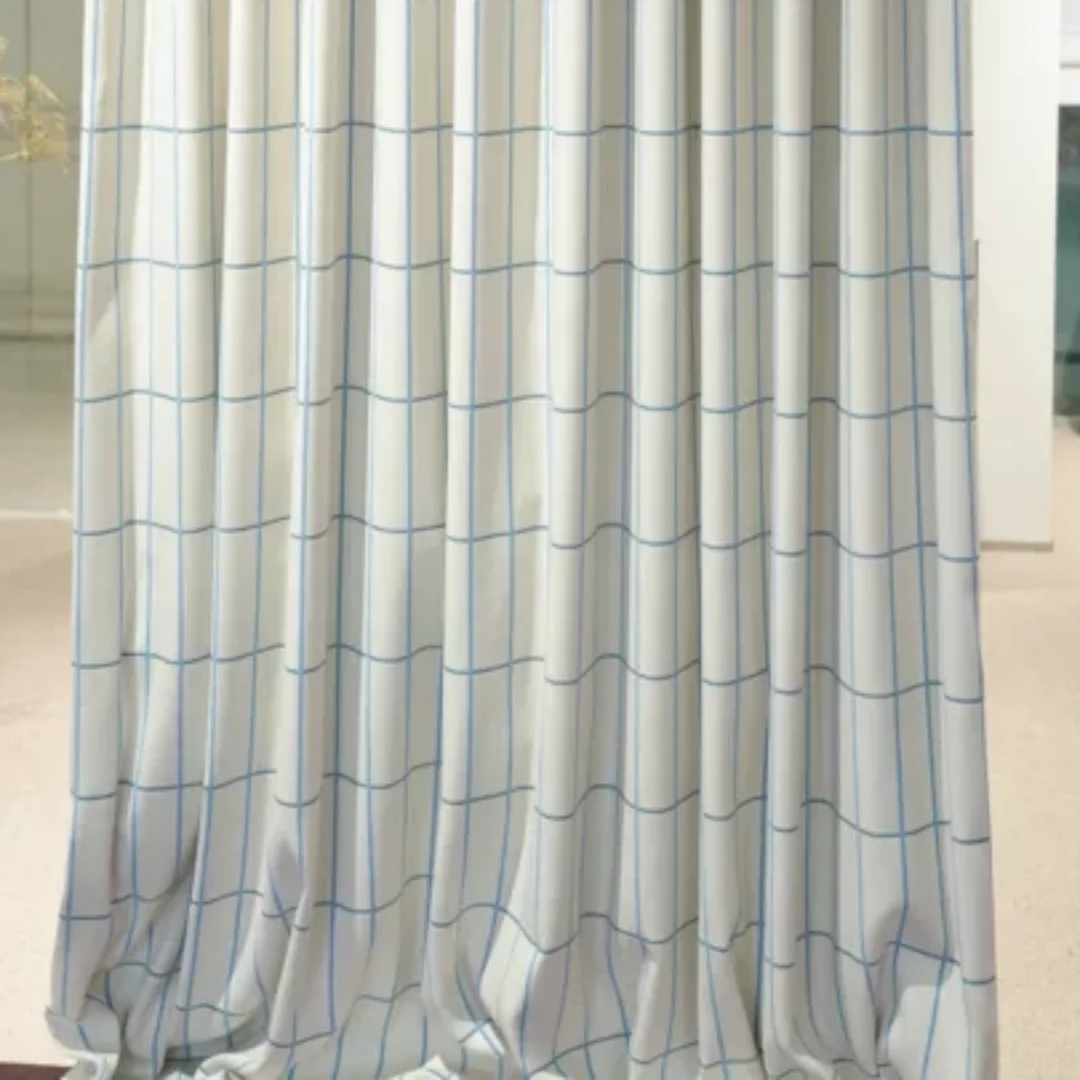 Milky white light blue checkered shading curtain ins cream wind bedroom living room Japanese log checkered finished curtain