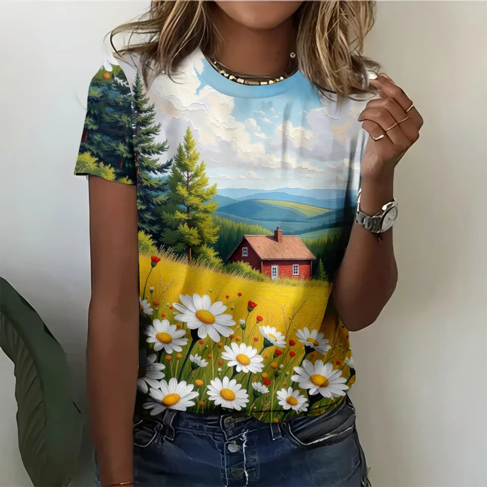 

Women's summer hot casual elegant short sleeved T-shirt, women's personalized 3D printed cartoon cabin pattern T-shirt top