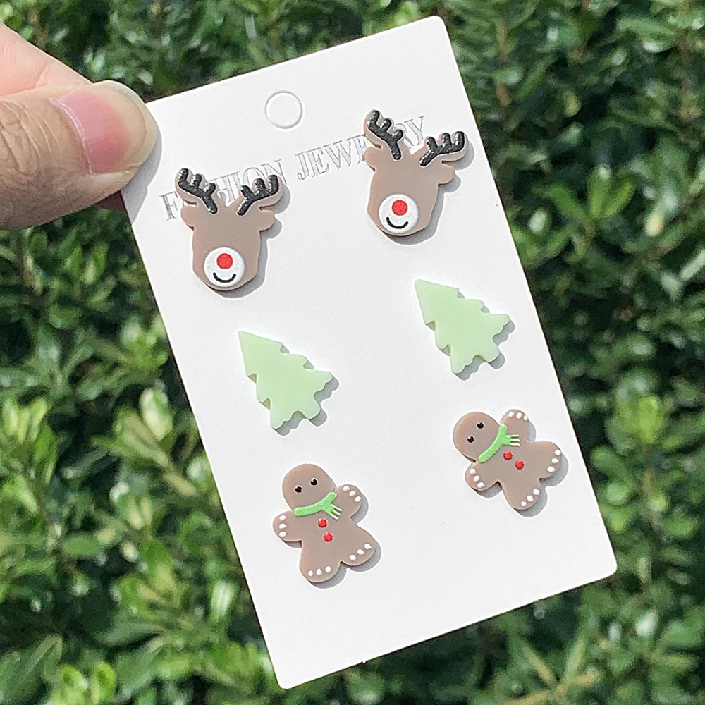 WELBACK 1 Set of 3 Pairs Women's Fashion Earrings Gingerbread Man Christmas Tree and Snowman Design Perfect Holiday Gift