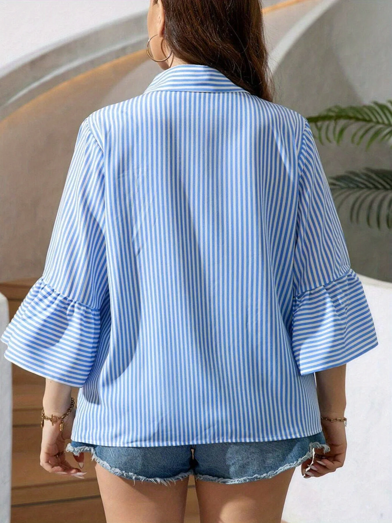 Women's Plus-Size Elegant Striped Button-Down Office Shirt with Ruffle Sleeves view 2