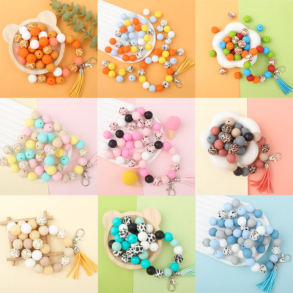 30Pcs/Set 12mm 15mm Silicone Beads Mix Printed Round Focal Beads For Jewelry Making DIY KeyChain Pen Necklace Accessories