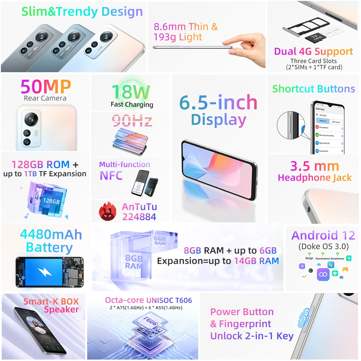 Blackview A85 Android 12 Smartphone 14Gb 128Gb 6.5 ''90Hz Display 50mp Achteruitrijcamera 'S 4480Mah 18W Opladen 3 Slot Kaart Nfc Mobiele Telefoon