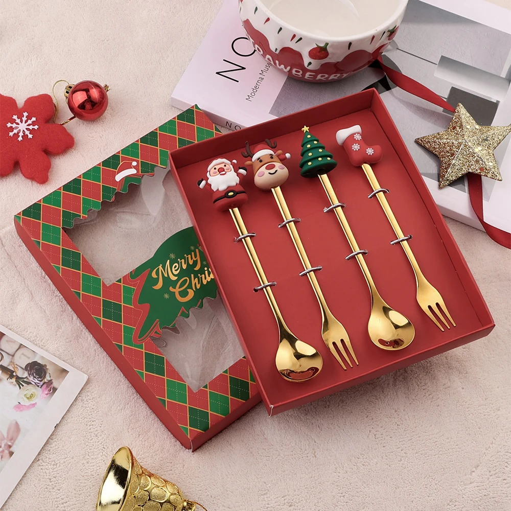 Christmassy Cutlery Golden Spoon Set Coffee Spoon Pastry Fork 4 Piece Stainless Steel Christmas Gift Flatware Sets for 2 Person