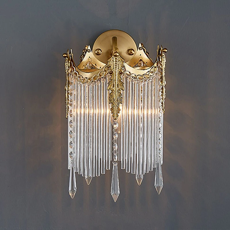 2026 Vintage French Luxury Crown Glass Strip Copper Wall Lamp European Style Bedroom Living Room Bedside Tv Background Lighting