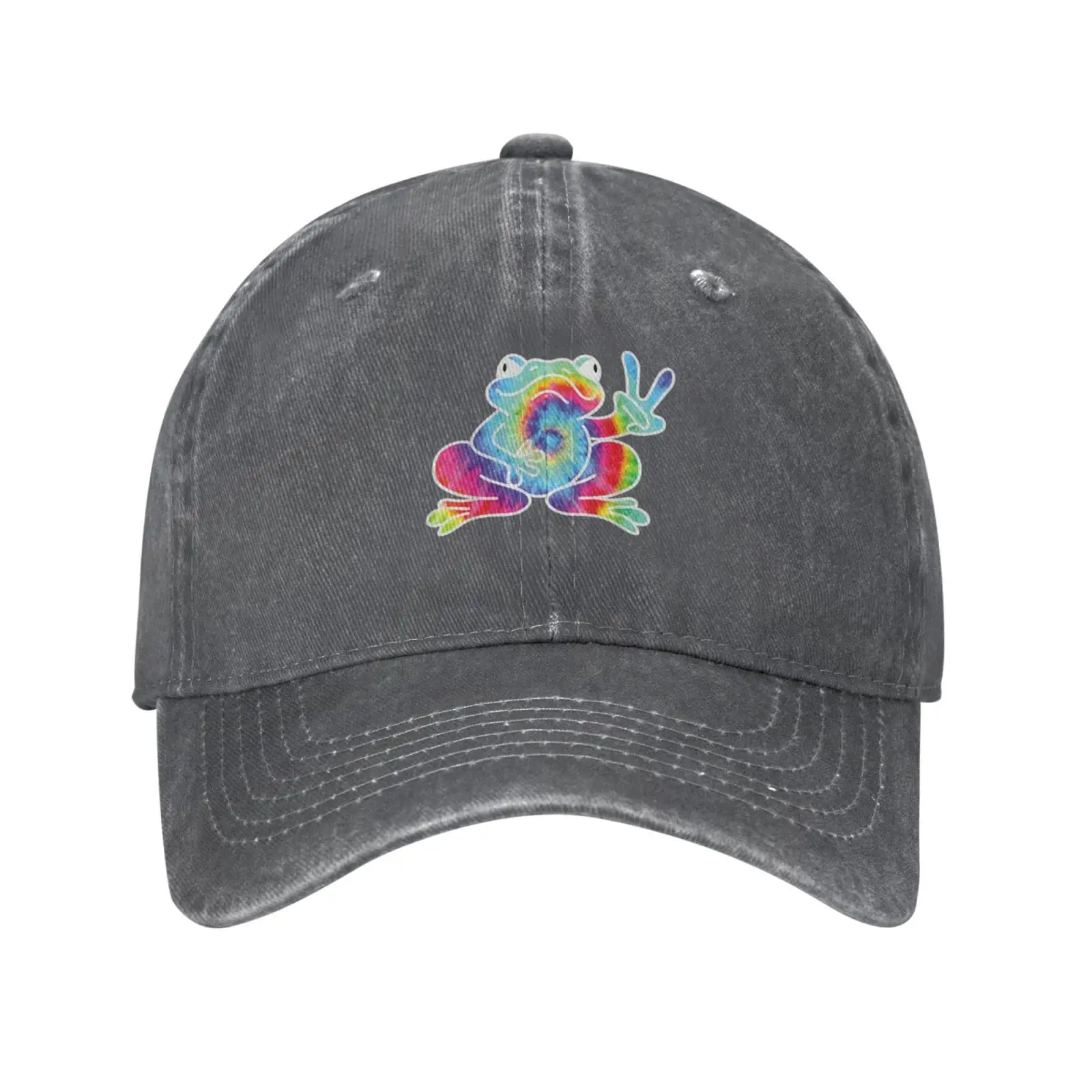 

Cool Peace Colorful Frog Tie Dye Deep Heather Vintage Distressed Adjustable Washed Denim Cotton Hat For Men Unisex Headwear