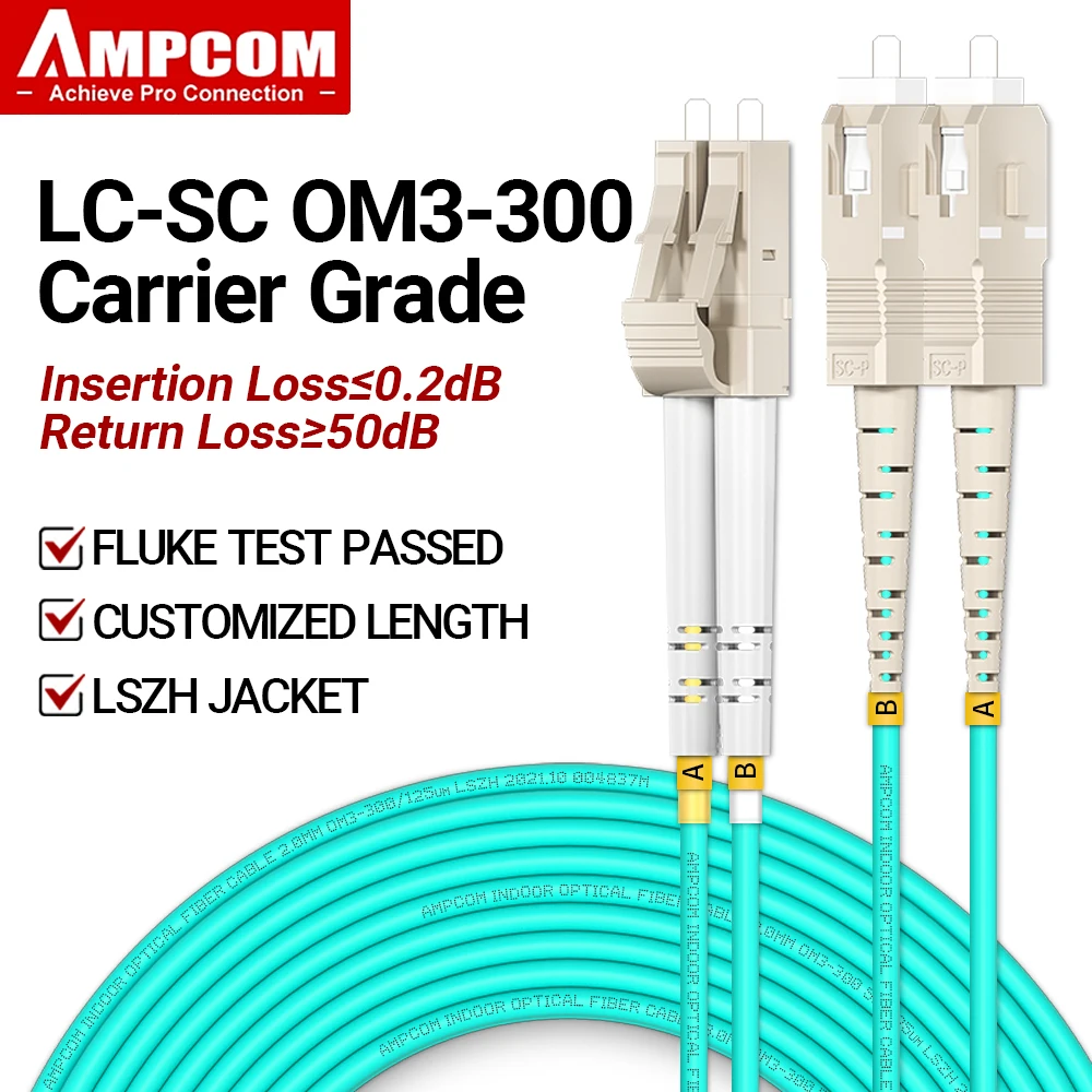 AMPCOM Fiber Optical Patch Cable, OM3 LC to SC UPC Multimode Duplex MMF 50/125μm 100Gbps Bend Insensitive 2.0mm Fiber Optic Cord