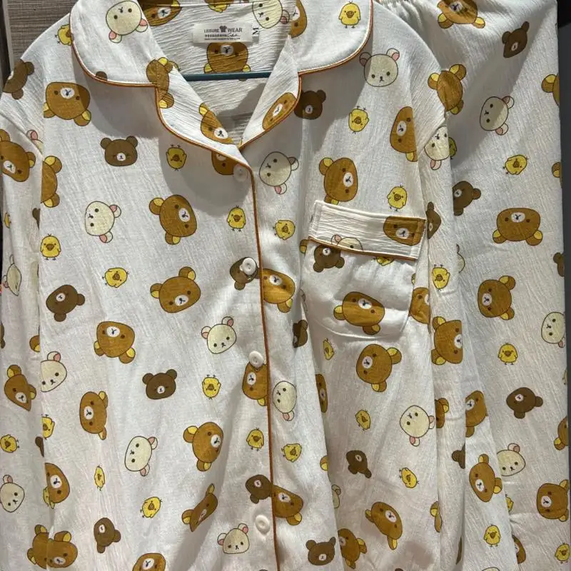 Kawaii Cute Rilakkuma Pajamas Long Sleeved Cotton Cardigan Long Pants V-Neck Home Suit Set Comfortable Birthday Gifts for Girls