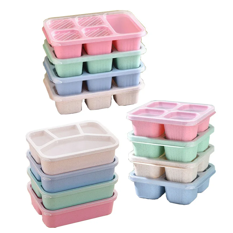 

4Pcs/Sets Wheat Straw Lunch Box,4Grid 5Grid Snack Box,Home Nuts Sealed Box With Lid,Plastic Fruit Refrigerator,Fresh-keeping Box