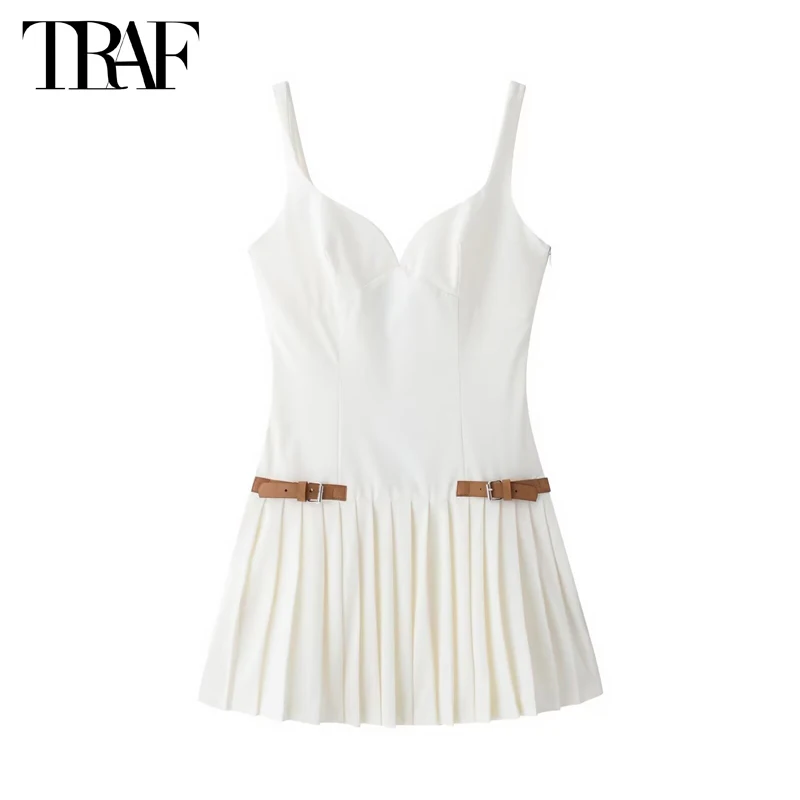 TRAF Ruched Slip Short Dresses for Women White Summer Dress Woman 2024 Sexy Backless Party Womens Dresses Straps Draped Dress