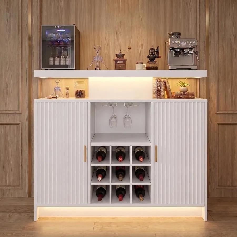 Coffee Bar Cabinet, Wine Storage with Power Outlet and LED Lights