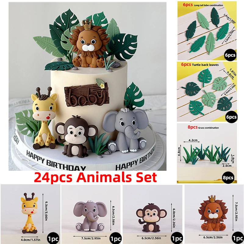 New Forest Jungle Animals Cake Decorations Lion Giraffe Elephant Monkey Safari Party Cake Toppers for Kids Happy Birthday Decor