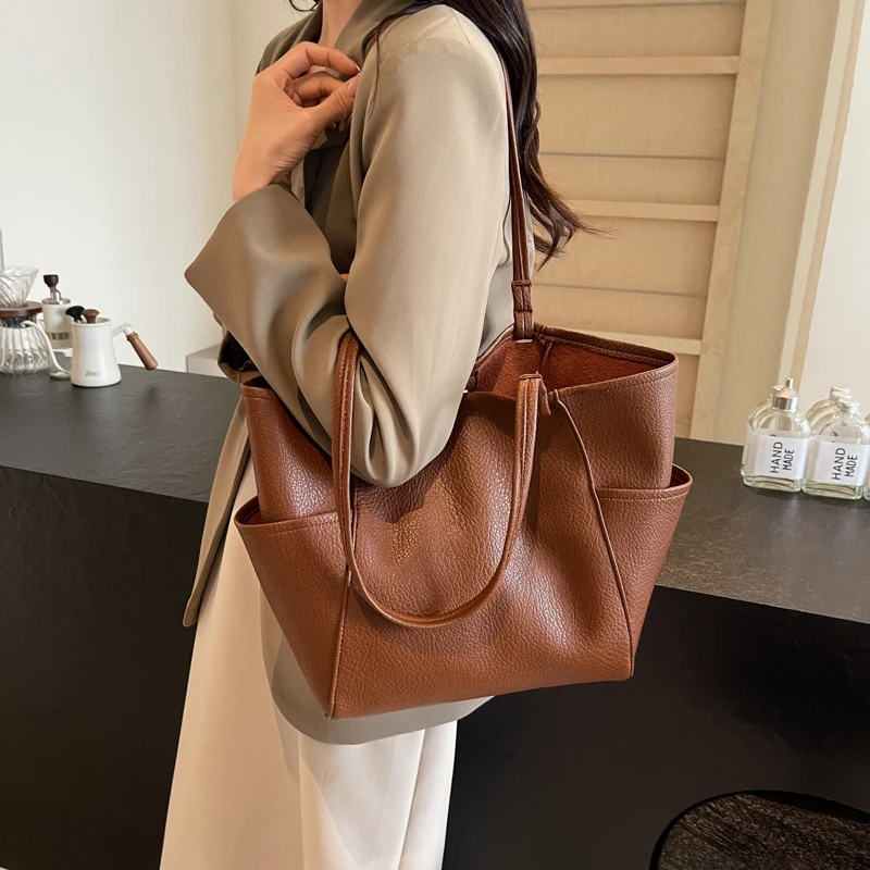 LEFTSIDE PU Leather Big Shoulder Bags for Women 2024 Y2K Designer Korean Fashion Handbags and Purses Trend Design Tote Bag