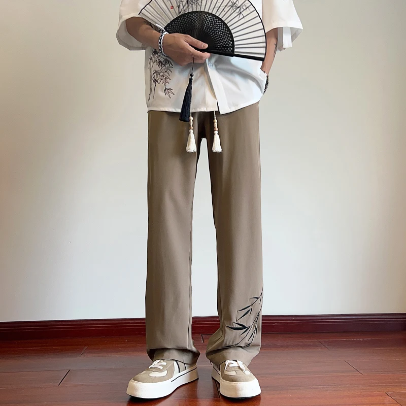 Chinese Style Summer Men's Elastic Waist Ice Silk Drawstring Embroid Fashion Simplicity Loose Casual Straight Wide Leg Trousers