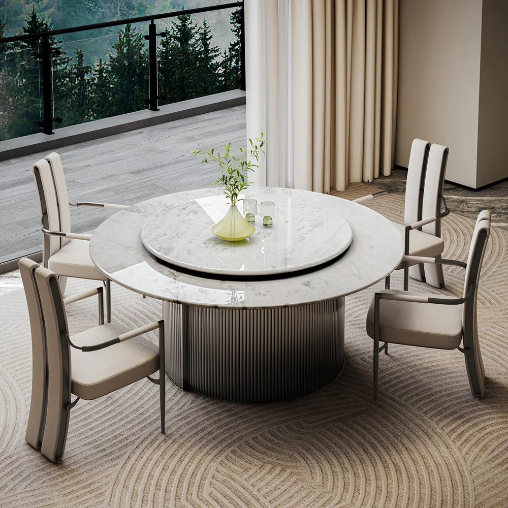Ice jade luxury stone dining table household villa large high-end round natural marble dining table combination