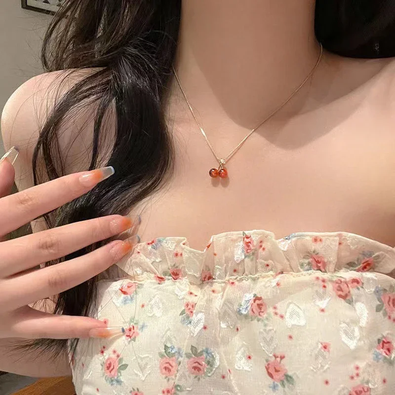 Wine Red Cherry Gold Color Pendant Necklace Stud Earrings For Women Girls Personality Fashion Wedding Jewelry Birthday Gifts