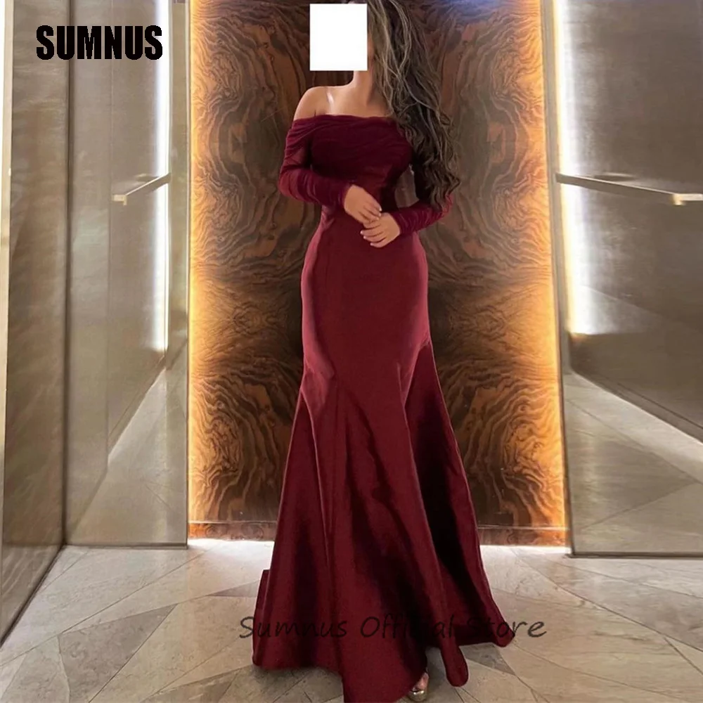 

SUMNUS Maroon Boat Neck Prom Dresses Tulle Long Sleeves Pleats Robe De Soirée Mermaid Evening Dress Arabic Formal Party Gowns