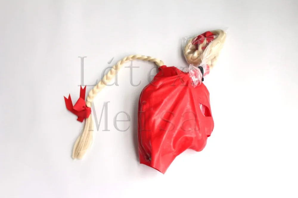 Cagoules Zentai en latex pour femmes, tresses attachées et yeux ouverts, narines et bouche de couleur rouge avec fermeture éclair au dos