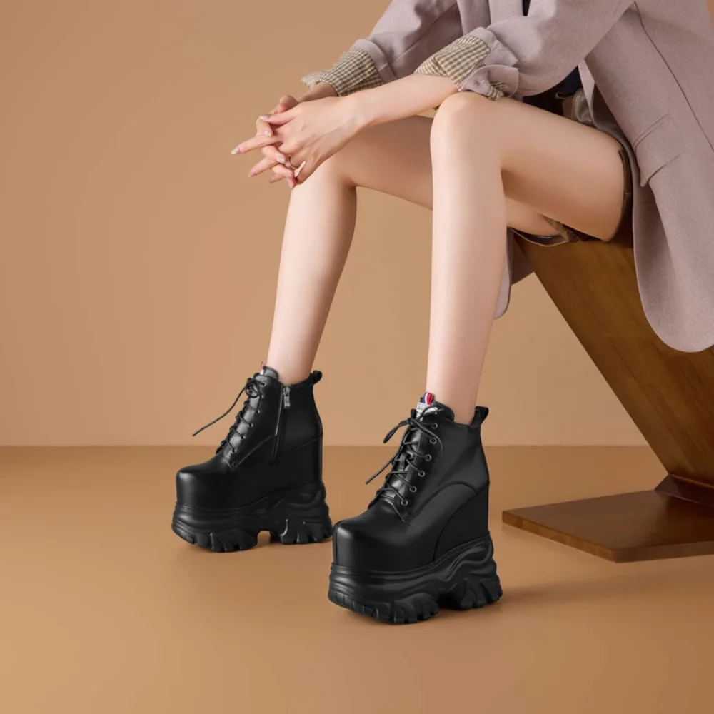 2027 New Fashion Designer Punk Style Women 16CM Platform Wedges Boots Autumn Soft Leather Female Lace Up High Heel Gothic Shoes