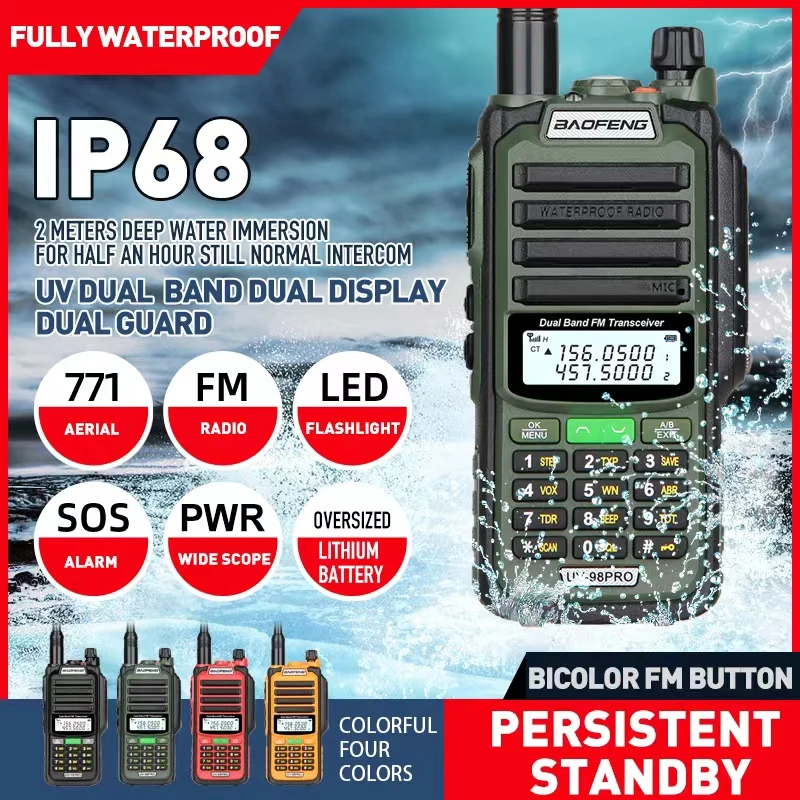 IP68กันน้ำ Baofeng Walkie Talkie UV98pro วิทยุวิทยุ Ham ยาว Profesional 100 Km ตำรวจ Communicator สมัครเล่น