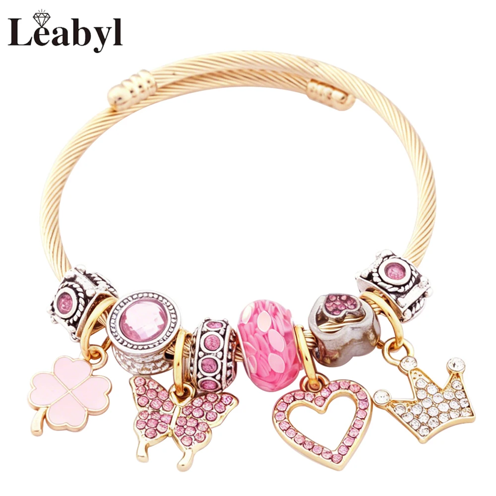 Sweet Pink Crystal Charms Gold Color Bangle Sparkling Butterfly Crown Heart Pendant Bead Bracelet Onesize Steel Jewelry Gift
