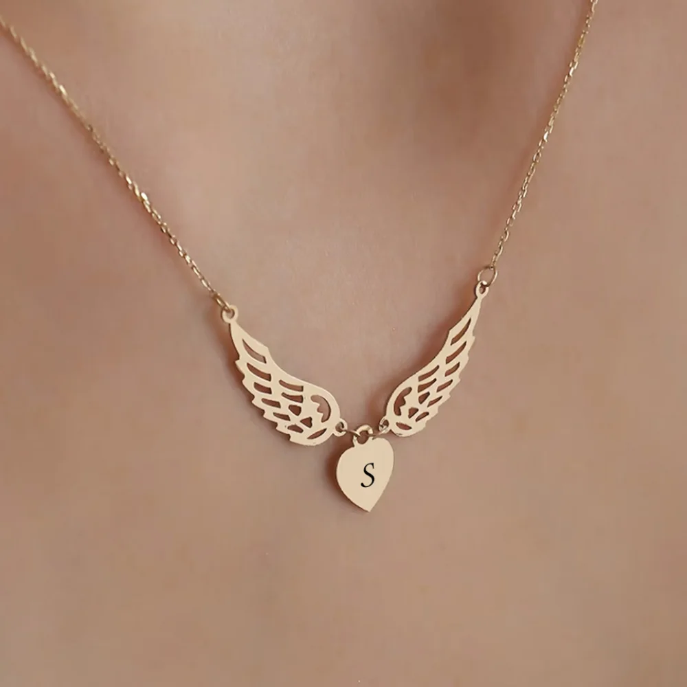 

Custom Engraved 26 Letters Necklace Women Angel Wings Heart Pendant Choker Stainless Steel Gold Jewelry Mother's Day Gift To Mom