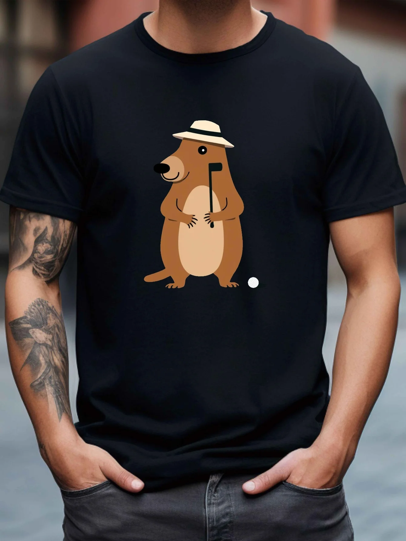Golfing Groundhog T-Shirt Men Casual Cotton Short Sleeve Summer Outdoor Tee for Golf Lovers
