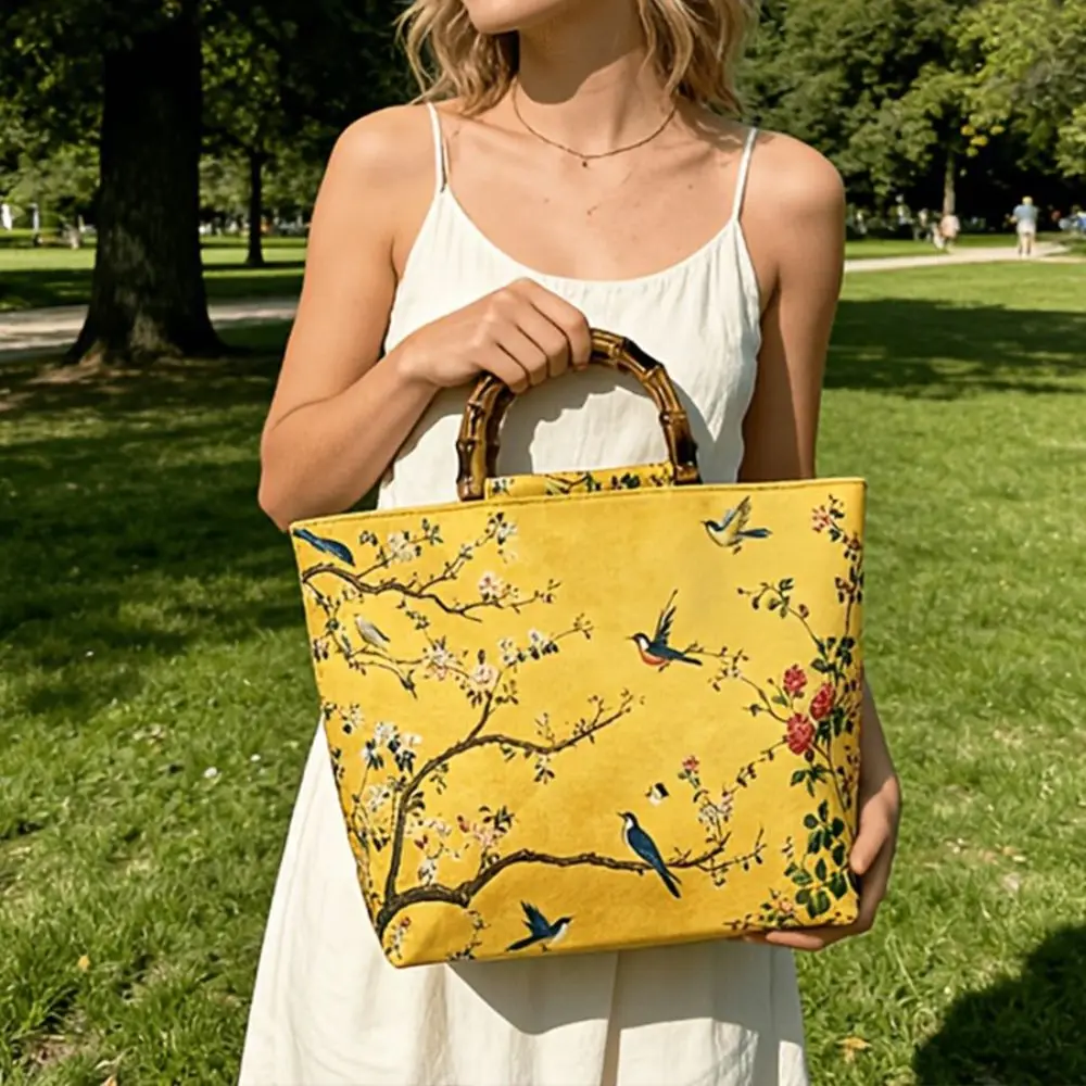 Bright Yellow Large Capacity Tote Bag Faux Bamboo Handle Large Capacity Multi-functional Bag Bird Floral Print Multi-functional
