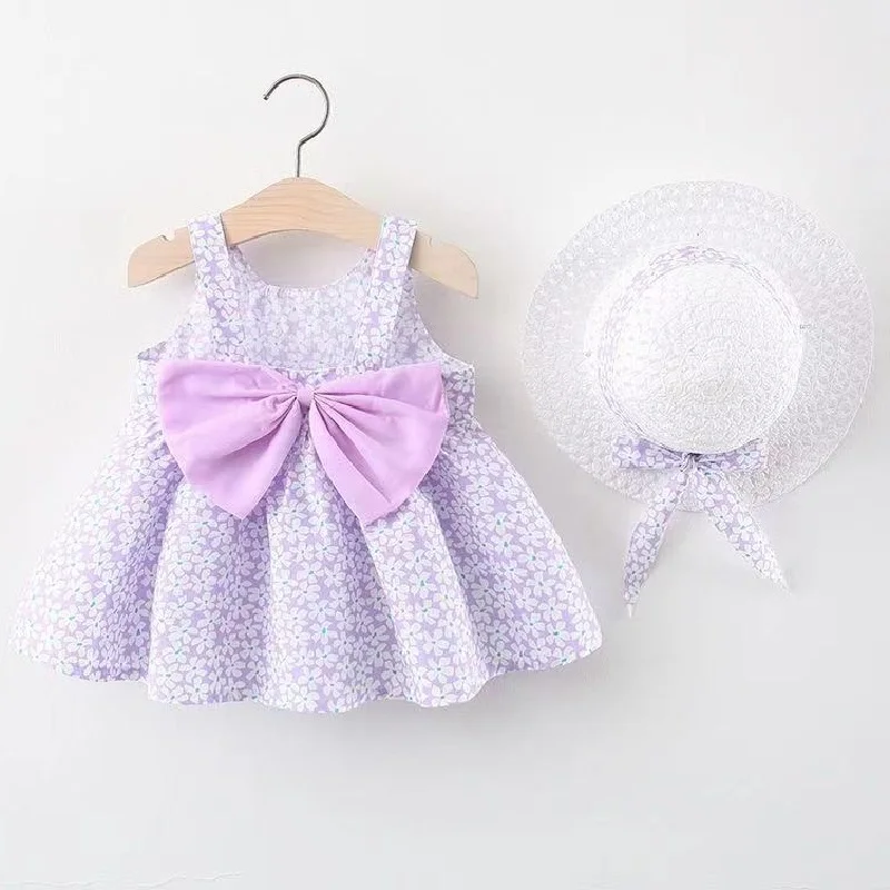 Baby dress summer bow floral print girl princess dress+hat 0-3 year old flower sleeveless girl suspender dress