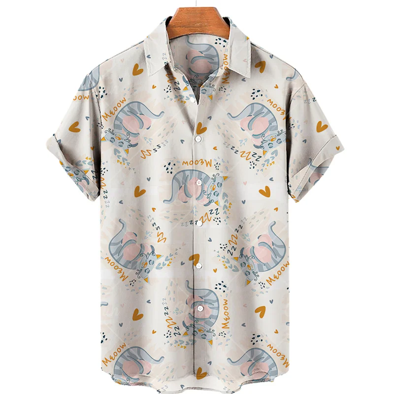 2023 Summer Cat Print Hawaiian Shirt Men\'s Beach Vacation Casual Tops Plus Size Loose And Simple Outdoor 3XL Button Shirts