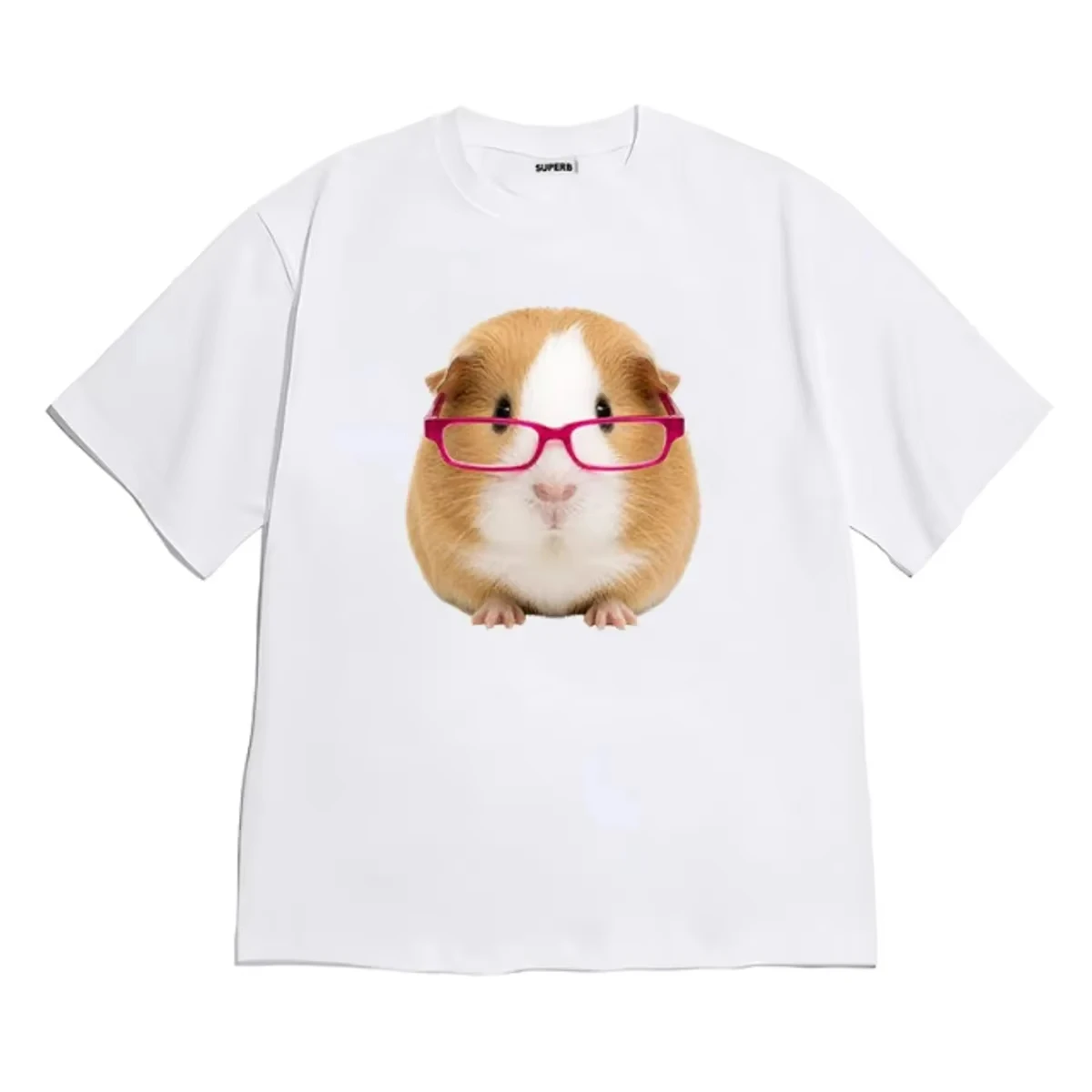 Niedliches Meerschweinchen mit rosa Brille Grafik-T-Shirt Unisex Locker Geschnitten Übergroß Kurzarm Y2K Harajuku Streetwear Lässiges Baumwoll-T-Shirt – Detail 2