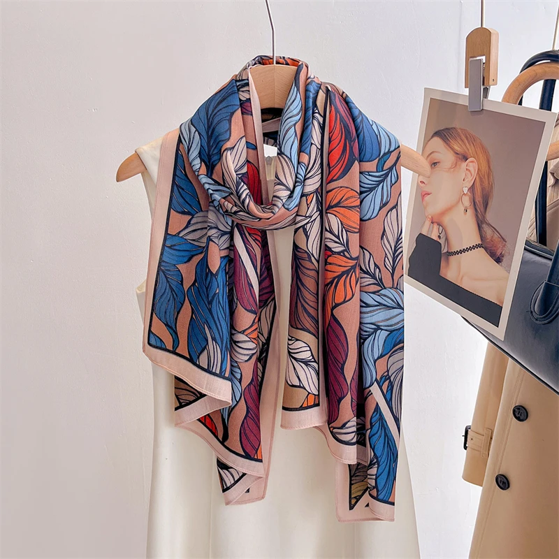 

Роскошный двухсторонний принт в виде листьев, дизайнерский женский шарф, хлопково-льняная женская шаль, зимняя теплая уличная шаль из пашмины, хиджаб