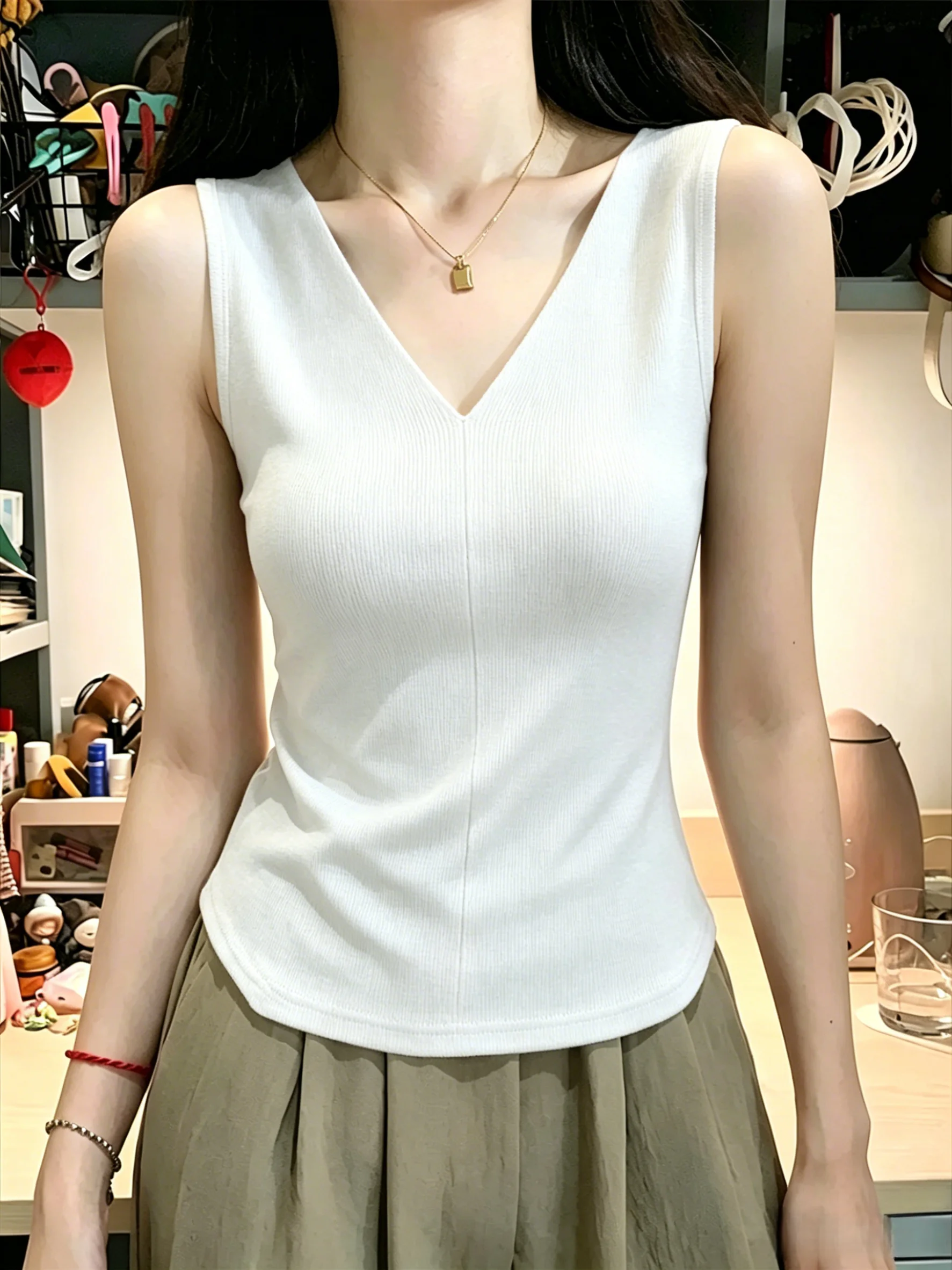 Women's V-Neck Sleeveless Vest 95% Cotton Summer Spring New Style plus Size Slim Fit Inner Wear Outer Wear Base Layer Tank Top