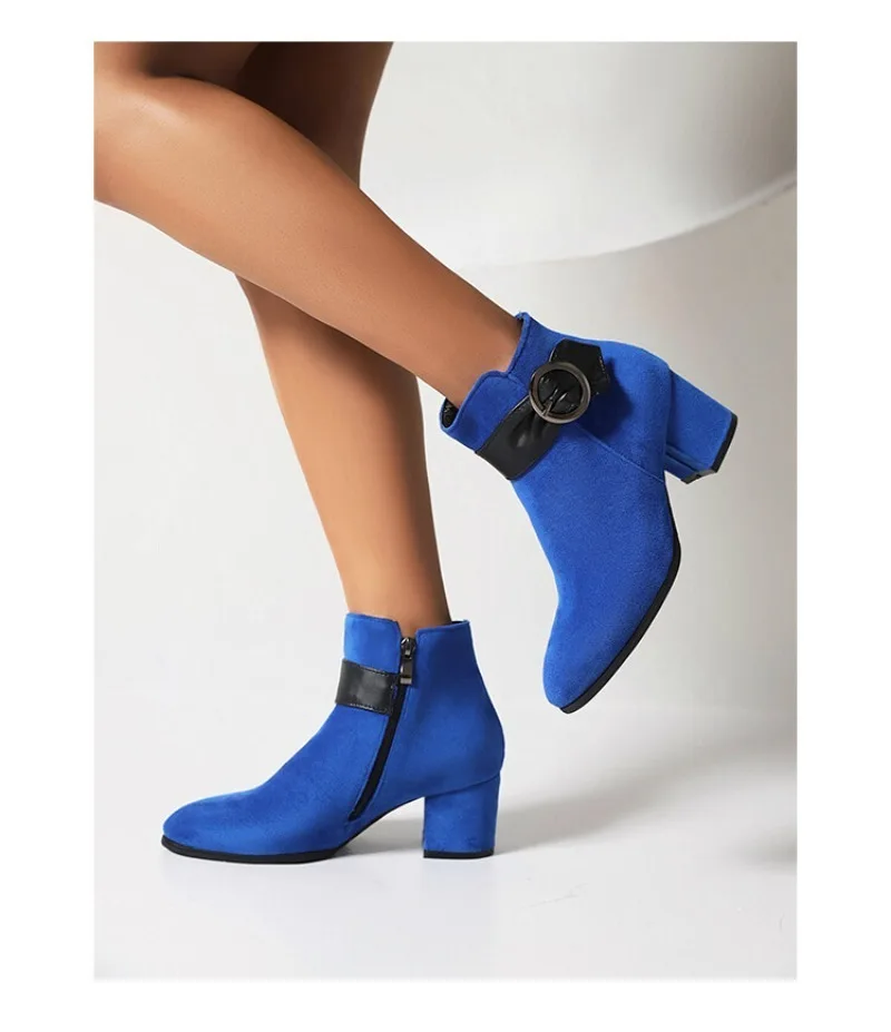 Spring Autumn Winter Faux Suede Flock Ankle Boots Women Fashion High Heels Belt Buckle Short Boots 35-43 Red Pary Wedding Shoes