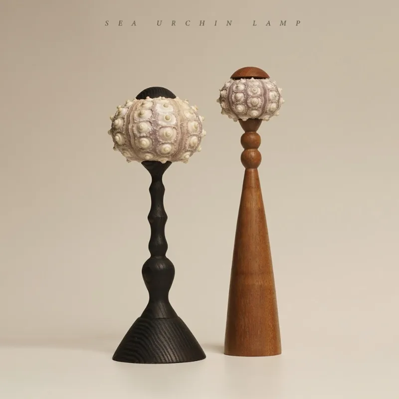 

French Vintage Wooden Roman Column LED Table Lamps Sea Urchin Lampshade Living Room Bedroom Study Restaurant Reading Desk Lights