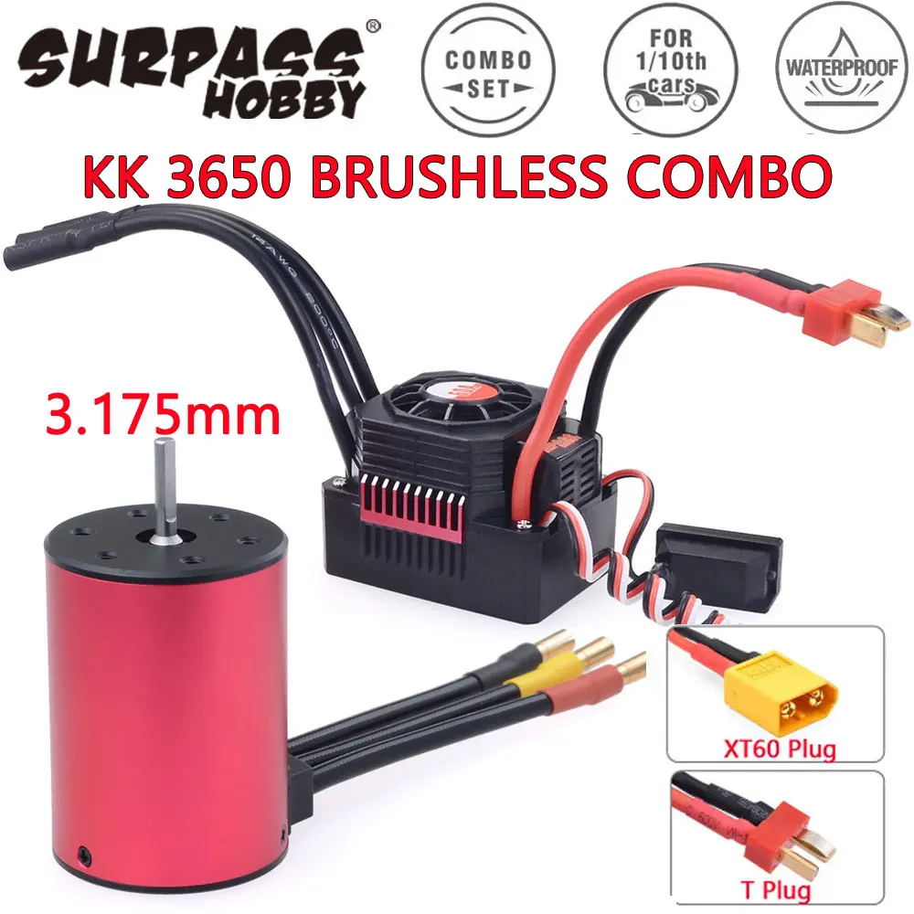 Surpass Hobby KK 3650 Combo Waterproof Brushless Motor 7700/6900/4500/3600/3100KV 3.175mm Shaft w/ 60A/120A ESC for 1/10 RC Car