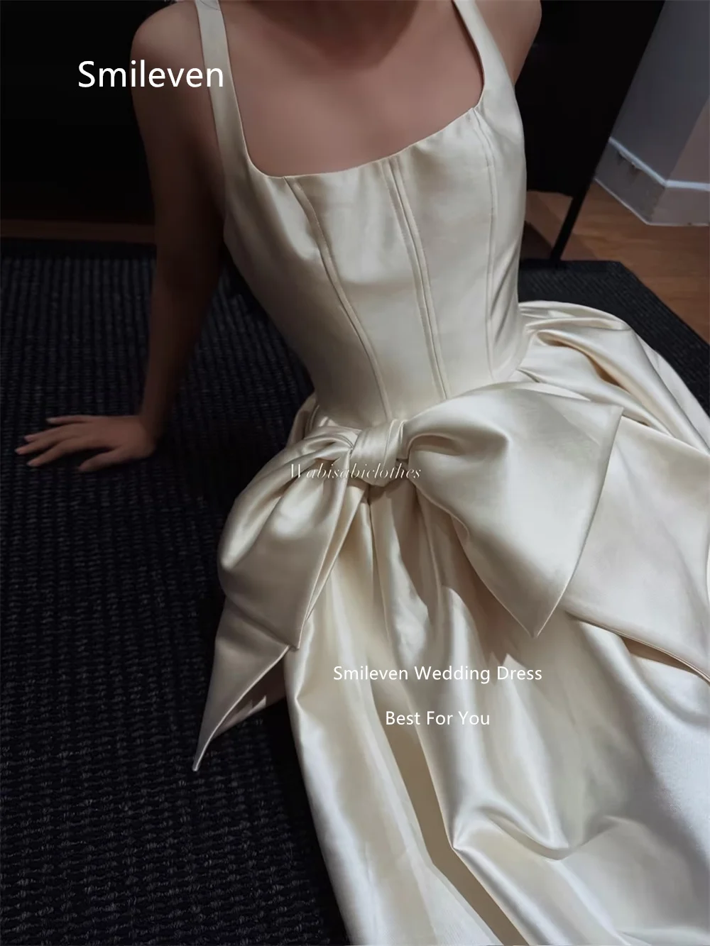 Smileven Ivory Ballgown Wedding Dresses Square Neck Strap Bridal Dress Big Side Bow Corset Bodice Midi Gowns Customized 2026