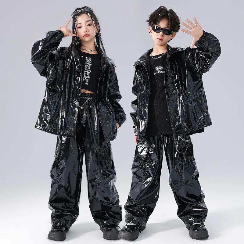 Children's Boys Gilrs Party Fashion Show Shiny Leather Jacket Pant Sets Kids Stage Dance Performance Clothes Coat Trousers Suits