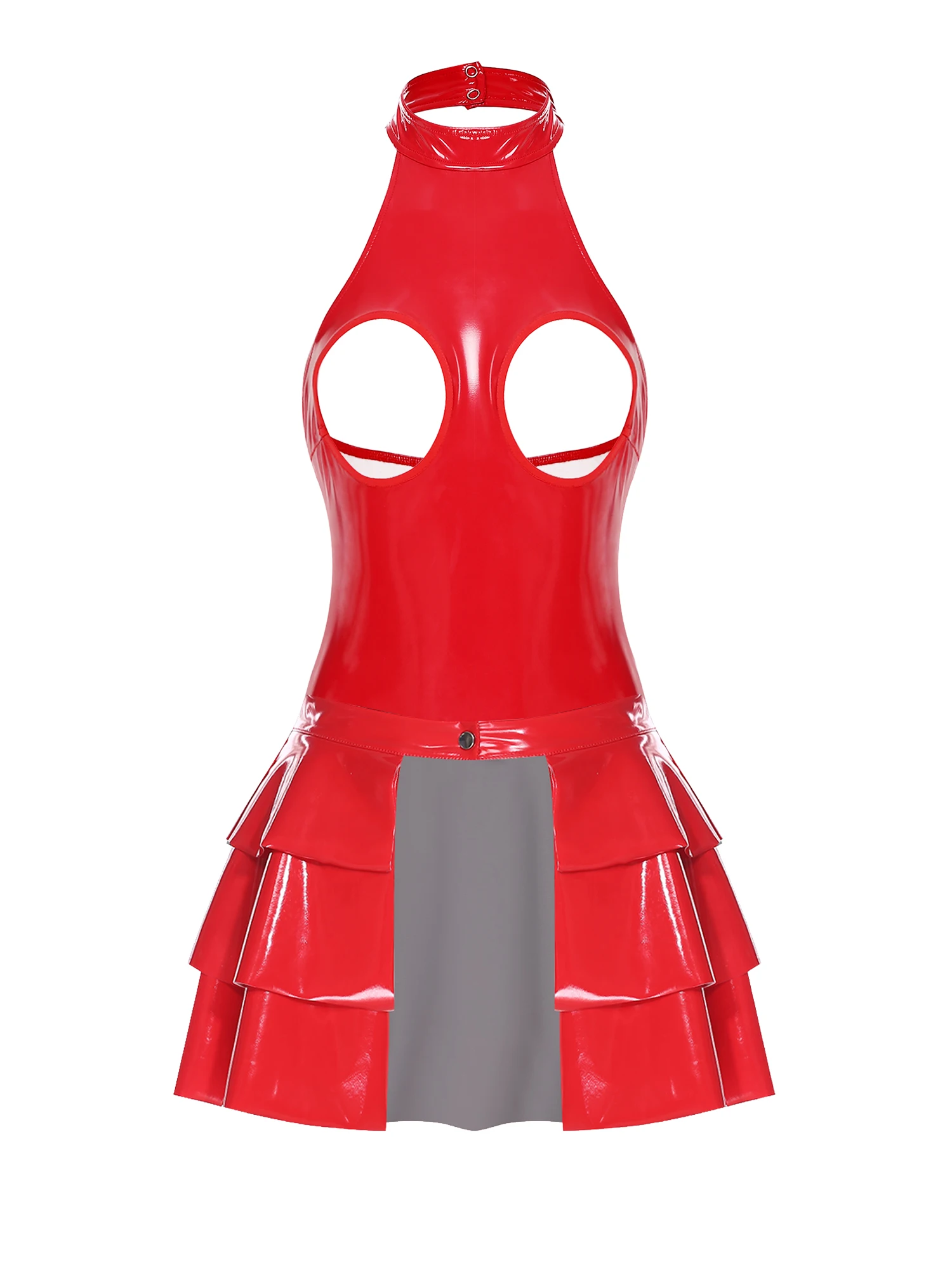 

Women's Sexy Bodysuit Glossy PU Leather Clubwear Cutout Chest Backless Open Crotch And Tiered Ruffled Miniskirt for Pole Dance