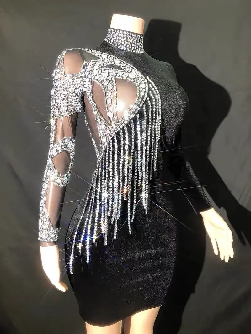 Preto veludo brilhante diamantes corrente sexy bainha ver através do vestido festa à noite desempenho traje bar boate palco wear