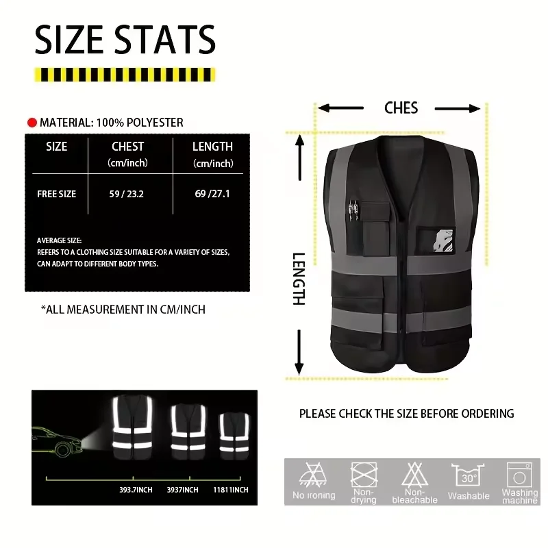 HACHANLUN Black Reflective Vest Vest Reflective Vest Traffic Riding Vest Overalls Multi-pocket Zipper