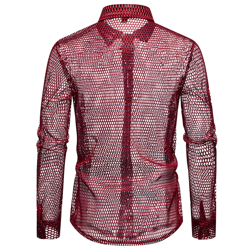 New Fashion Hollowed Out Design Men's Long Sleeve Shirt Personality Performance Shirts Male Nightclub Dance Perspective Shirt