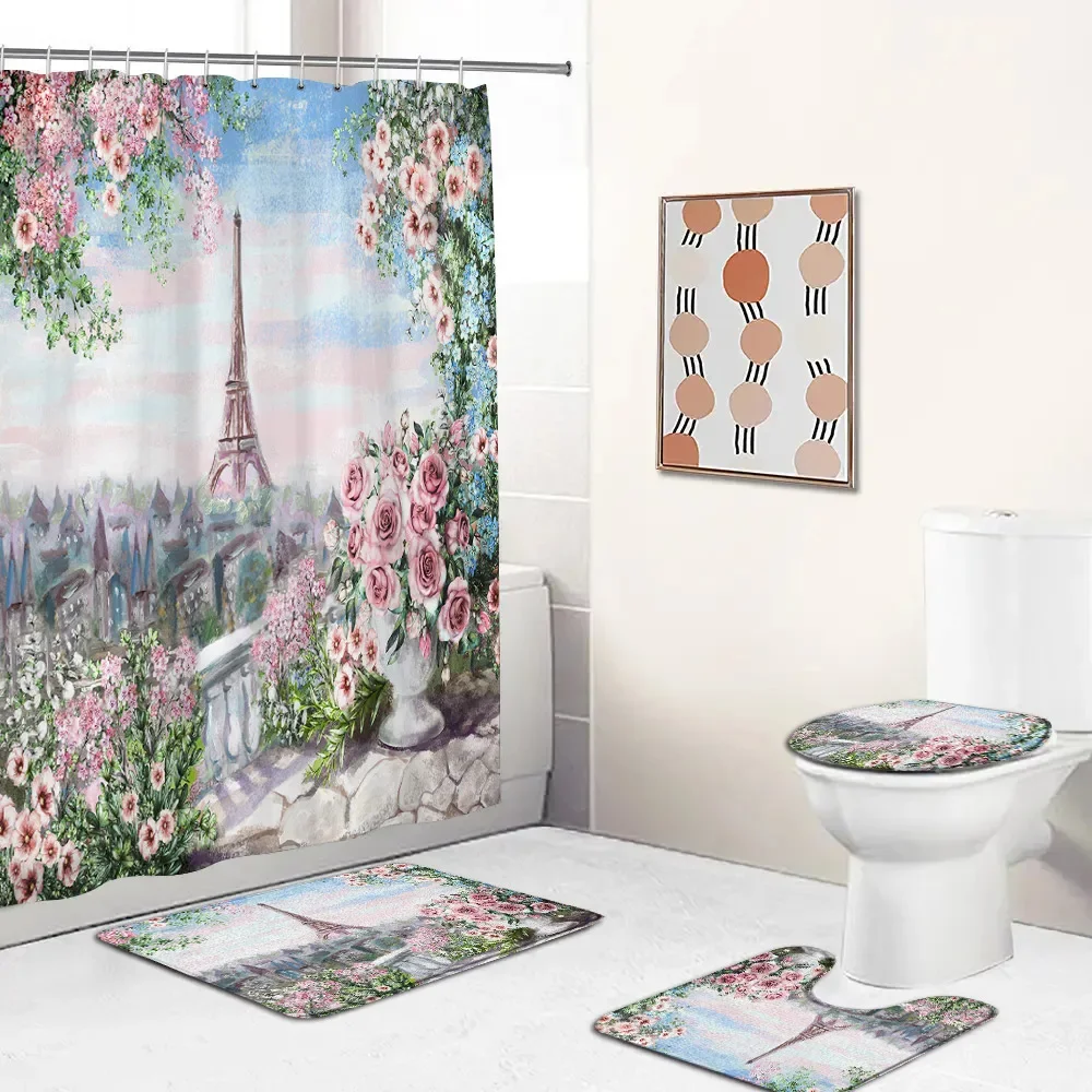 Paris Bath Curtains Set Romantic Eiffel Tower Red Lips European Cityview Vintage Bathroom Decorations Bath Mat Toilet Lid Cover