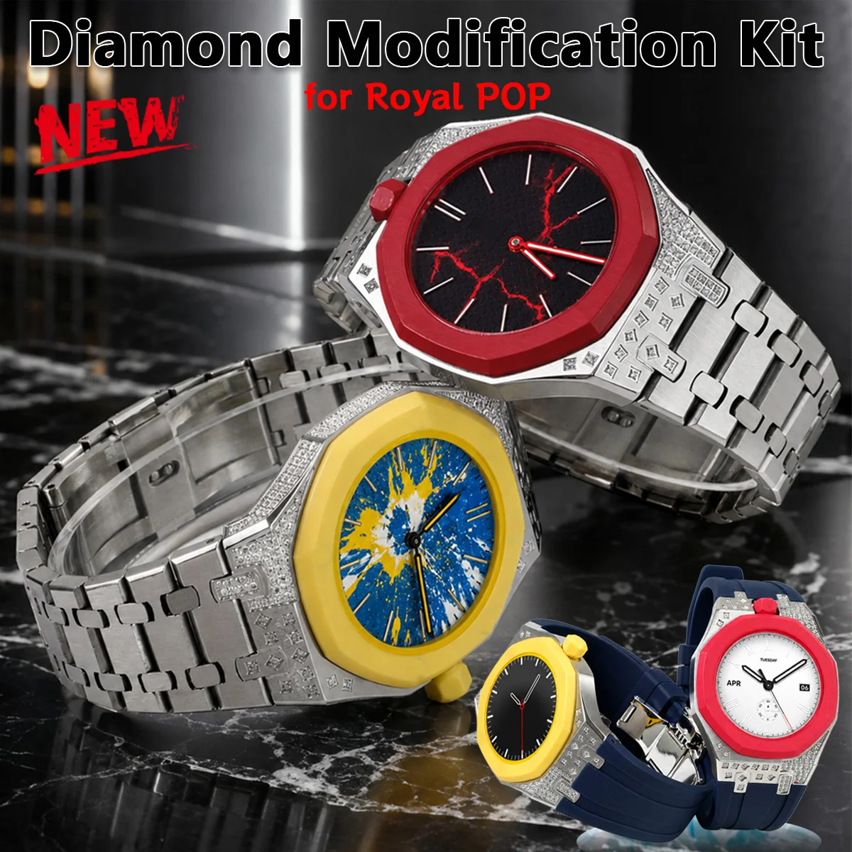 Stainless Steel Mod Kit for Swatch x AP Royal Pop Pocket Watch Silicone Wrist Strap Diamond Case Wristwatch Accessories