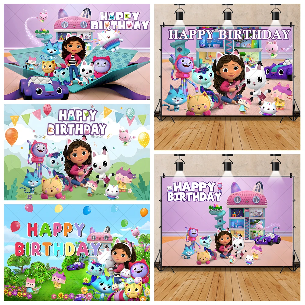 

Purple Doll House Photography Backdrop Custom Name Cute Toy Cat Background Girl Birthday Friend Party Baby Shower Decor Poster