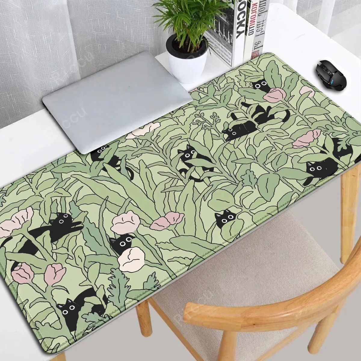 Cute black Cat Large Gaming Keyboard mouse pad Green Plant Computer Gamer Tablet Mause pad Long mousepad 900x400 Play Mice Mats